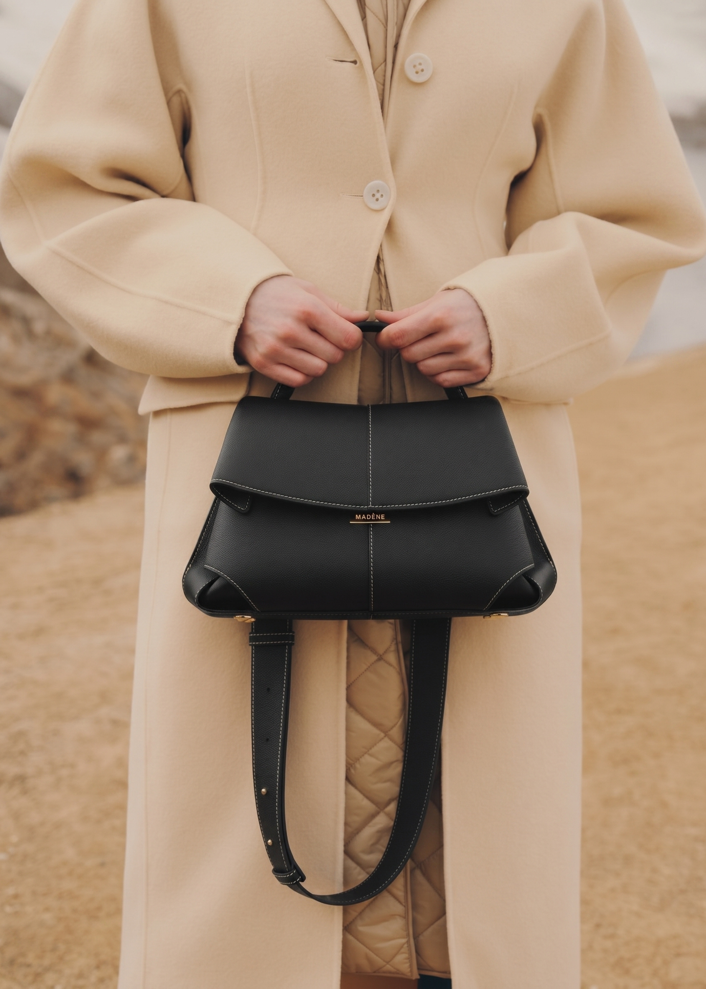 Mokki - Textured Black with Ecru Stitching